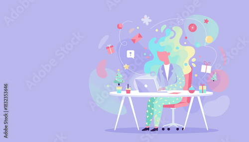 Professional works on laptop amidst holiday gifts and abstract festive chaos Seasonal business illustration