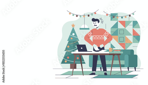 Frustrated man working at desk with Christmas tree Holiday work stress and deadline pressure