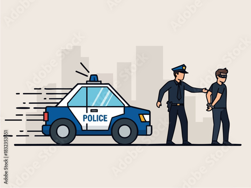 Police officer arresting suspect near police car in city scene.