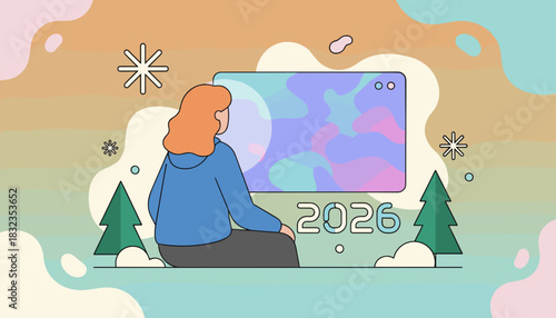 Woman viewing an abstract screen with 2026 text retrostyle illustration for future planning and digital concepts