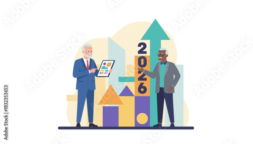 Businessmen plan for 2026 growth with digital analysis and a rising stock chart illustration