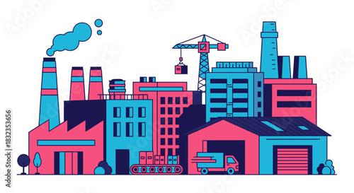 Industrial factory complex illustration with smokestacks production line crane and logistics truck