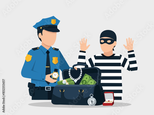 Police Officer Arresting Thief with Stolen Goods in Handcuffs.