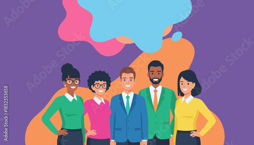 Diverse professional team portrait with abstract shapes symbolizing communication and collaboration