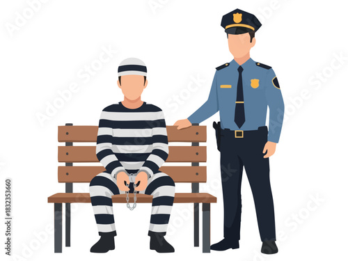 A police officer stands beside a prisoner sitting on a bench, a somber scene.