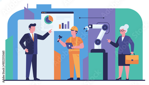 Business meeting on industrial automation robotics and production data analysis
