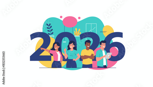 Diverse young team pointing to future goals for the year 2026 Business planning and innovation