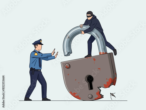 Police officer attempts to stop a thief from breaking a lock.