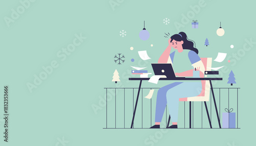 Stressed woman dealing with yearend work deadlines amidst holiday chaos and burnout