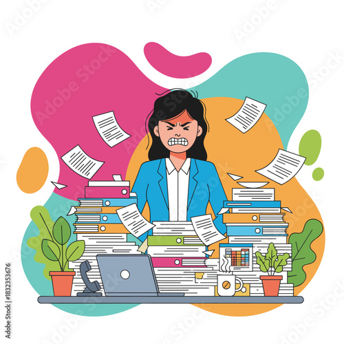 Overwhelmed angry businesswoman stressed by huge pile of work deadlines and bureaucracy