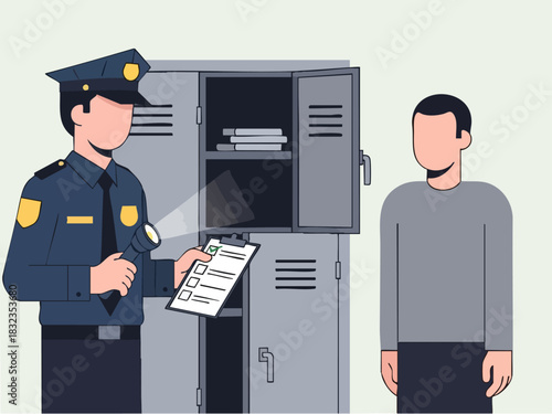 Police officer inspecting a locker with a person standing nearby, investigation.