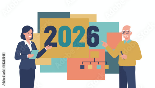 Business professionals presenting strategy and goals for the year 2026 with an organizational chart