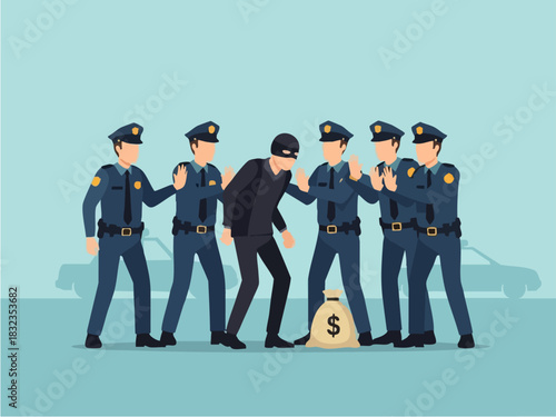 Police officers apprehending a masked thief with a bag of money.