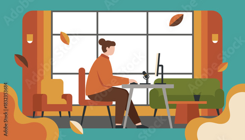 Remote worker illustration in autumn home office using computer and microphone for digital business or podcasting