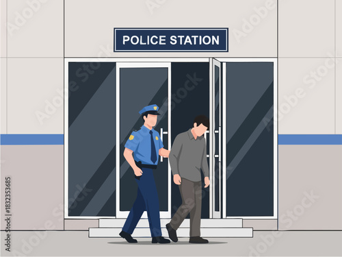 Police Officer Escorting Suspect into Police Station for Investigation.