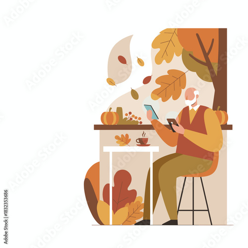 Senior man uses two smartphones in an autumnal cafe setting enjoying modern digital lifestyle