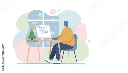 Remote work during winter holidays Person working on computer in cozy decorated home office
