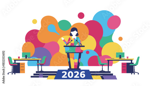 Female speaker giving a presentation at a corporate conference podium flat design concept for 2026 event