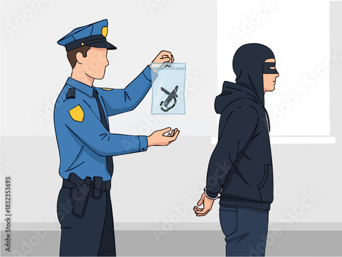 Police officer arresting a criminal suspect, holding evidence bag.