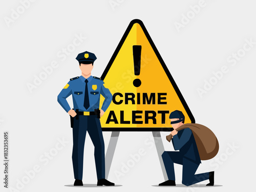 Crime alert with police officer and thief, warning about danger and security.