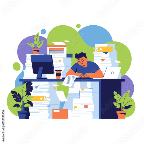 Stressed worker drowning in paperwork and documents work overload and burnout concept