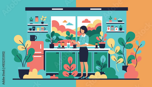 Woman tending plants in a colorful modern kitchen Biophilic home design illustration