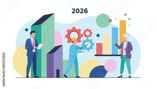 Business planning for 2026 Diverse team analyzes growth data and operational gears