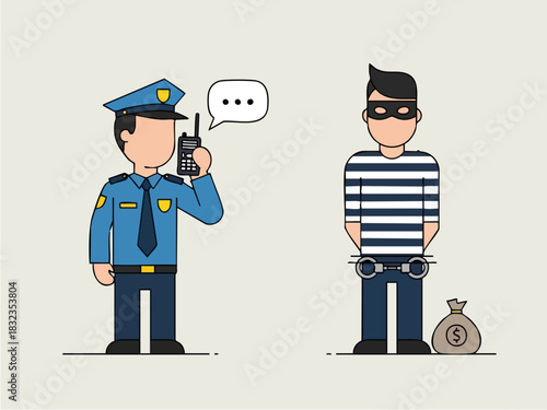 Police officer arresting a thief, crime scene illustration, law enforcement concept.