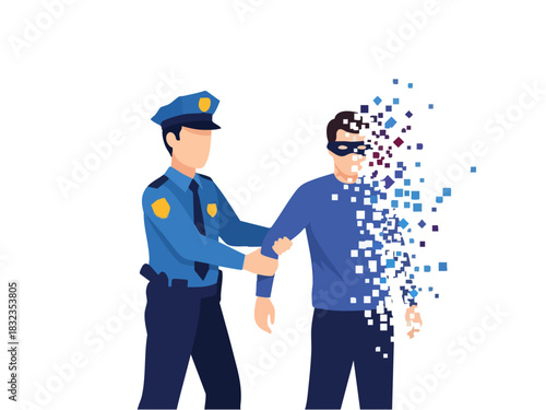 Police Officer Apprehending a Digital Thief with Pixelated Disintegration Effect.