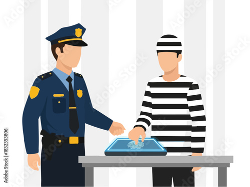 Police officer taking fingerprints of a prisoner at the station.