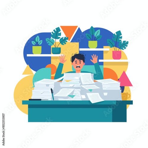 Stressed worker buried under a mountain of office paperwork Concept of burnout and excessive workload