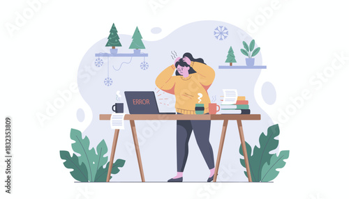 Woman experiencing work stress and technology failure ERROR at her winterthemed desk