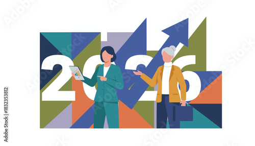 Businesswomen planning 2026 growth Corporate success forecast with data and rising arrows