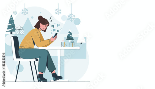 Stressed woman checks smartphone notifications amidst winter holiday decorations and pressure