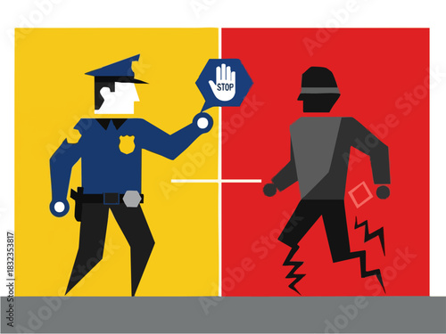 Police Officer Confronts Suspect with Stop Sign in Dynamic Illustration.