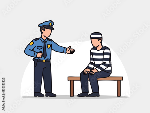 Police officer questioning a prisoner sitting on a bench, illustration.