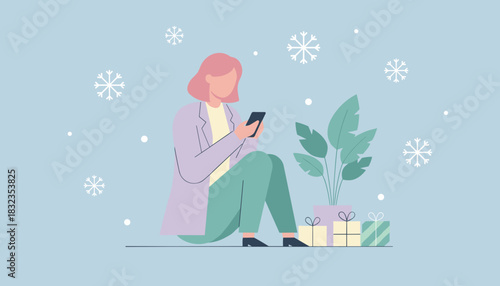 Woman texting near holiday gifts and plant flat vector illustration of winter communication