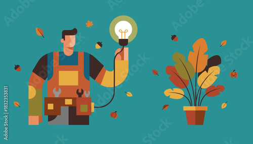 Worker holding an idea lightbulb connected to a colorful autumn plant Sustainable growth concept