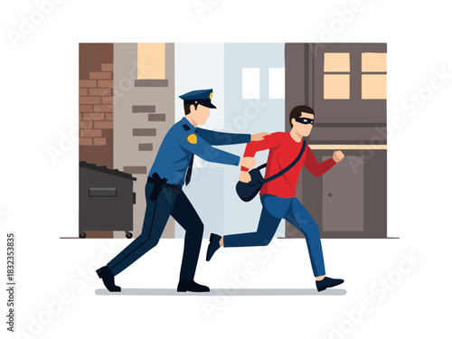 Police Officer Chasing a Thief in a City Street, Arresting Criminal.