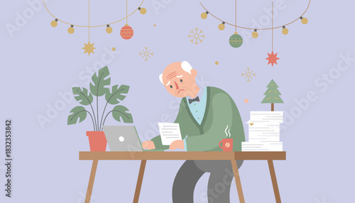 Elderly man working on a computer and paperwork during the stressful holiday season