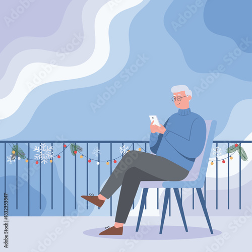 Relaxed senior man uses phone on a cozy decorated winter balcony