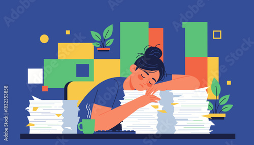 Exhausted woman sleeping on huge stacks of paper at work Overwork stress and burnout concept