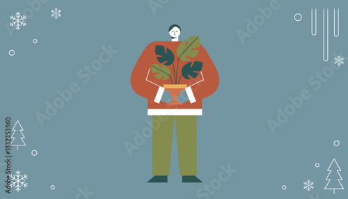 Keeping warm Character holding a houseplant during cold winter weather