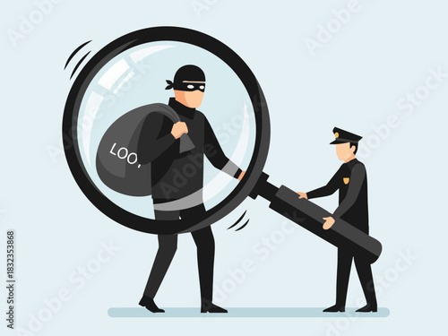 Police officer investigates a thief with a magnifying glass, crime scene.