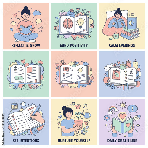 Personal growth and mindfulness icon set journaling selfreflection gratitude and healthy habits