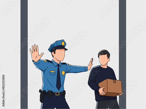 Police Officer Halting Delivery Person with Package.