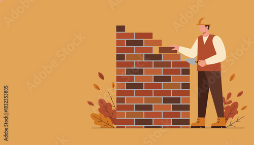 Bricklayer constructing a wall using a trowel representing building construction labor and trade