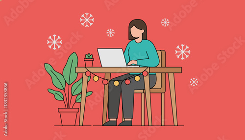 Remote work during winter season Flat design illustration of woman using laptop at decorated desk