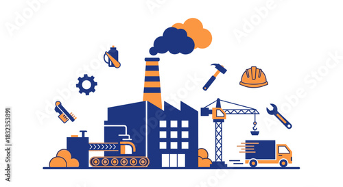 Industrial factory production and construction vector concept with tools heavy machinery and delivery