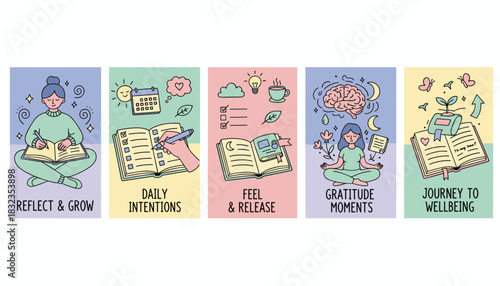 Mental wellness routine illustrations daily journaling gratitude intentions and selfreflection